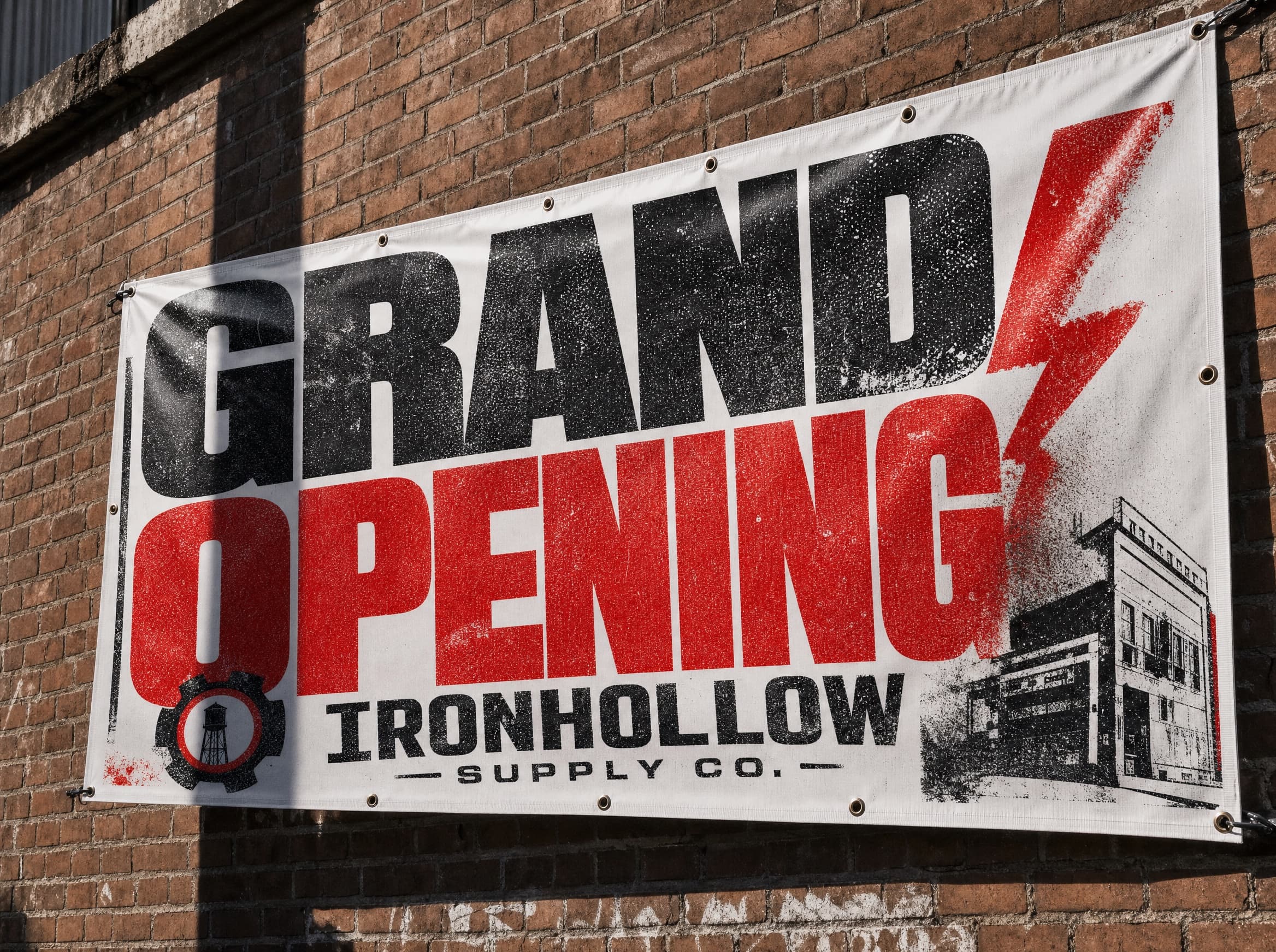 A grommeted vinyl banner on a brick wall, printed in heavy black and red type.