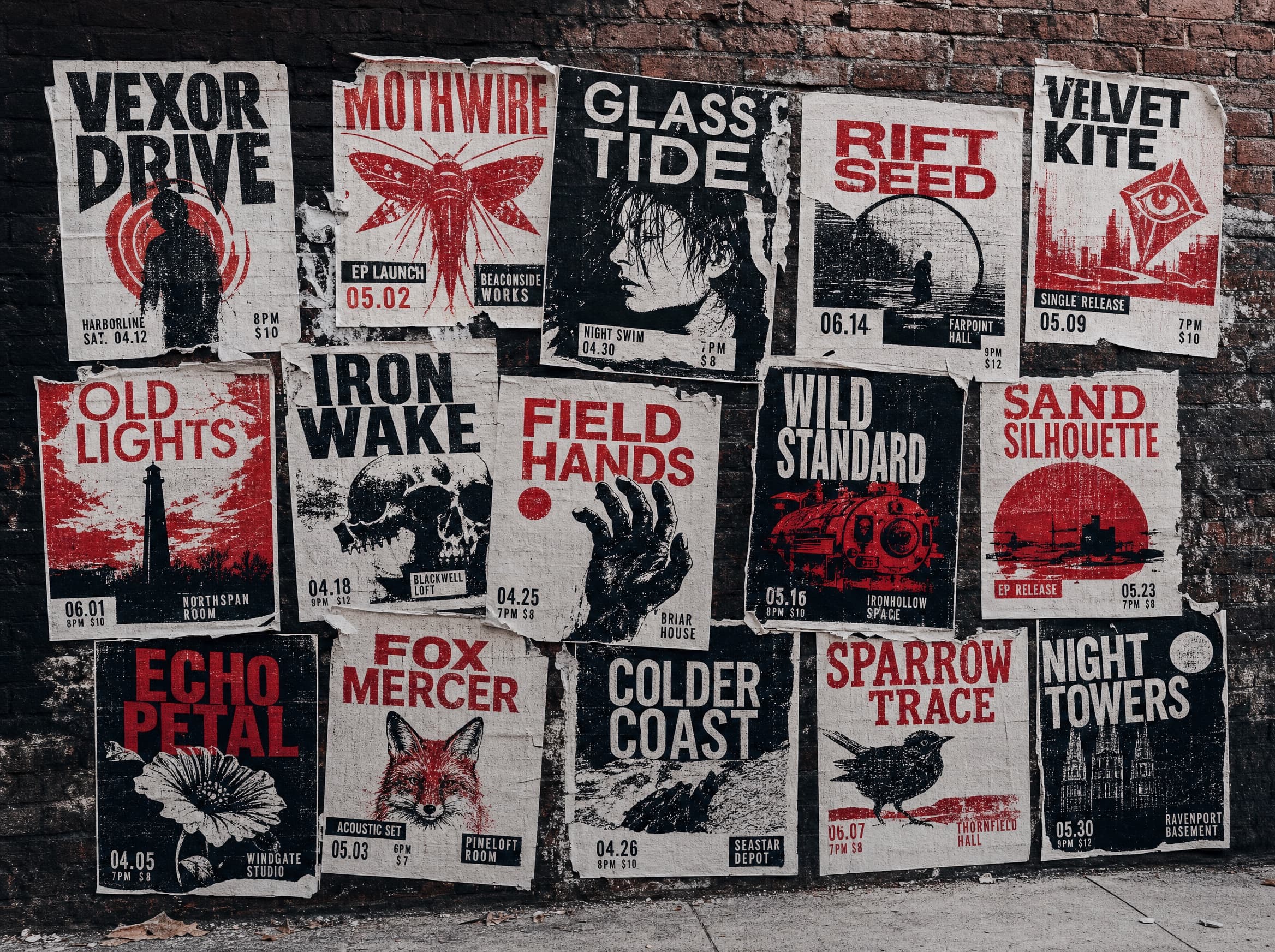 A brick wall wheat-pasted with overlapping black and red show posters.